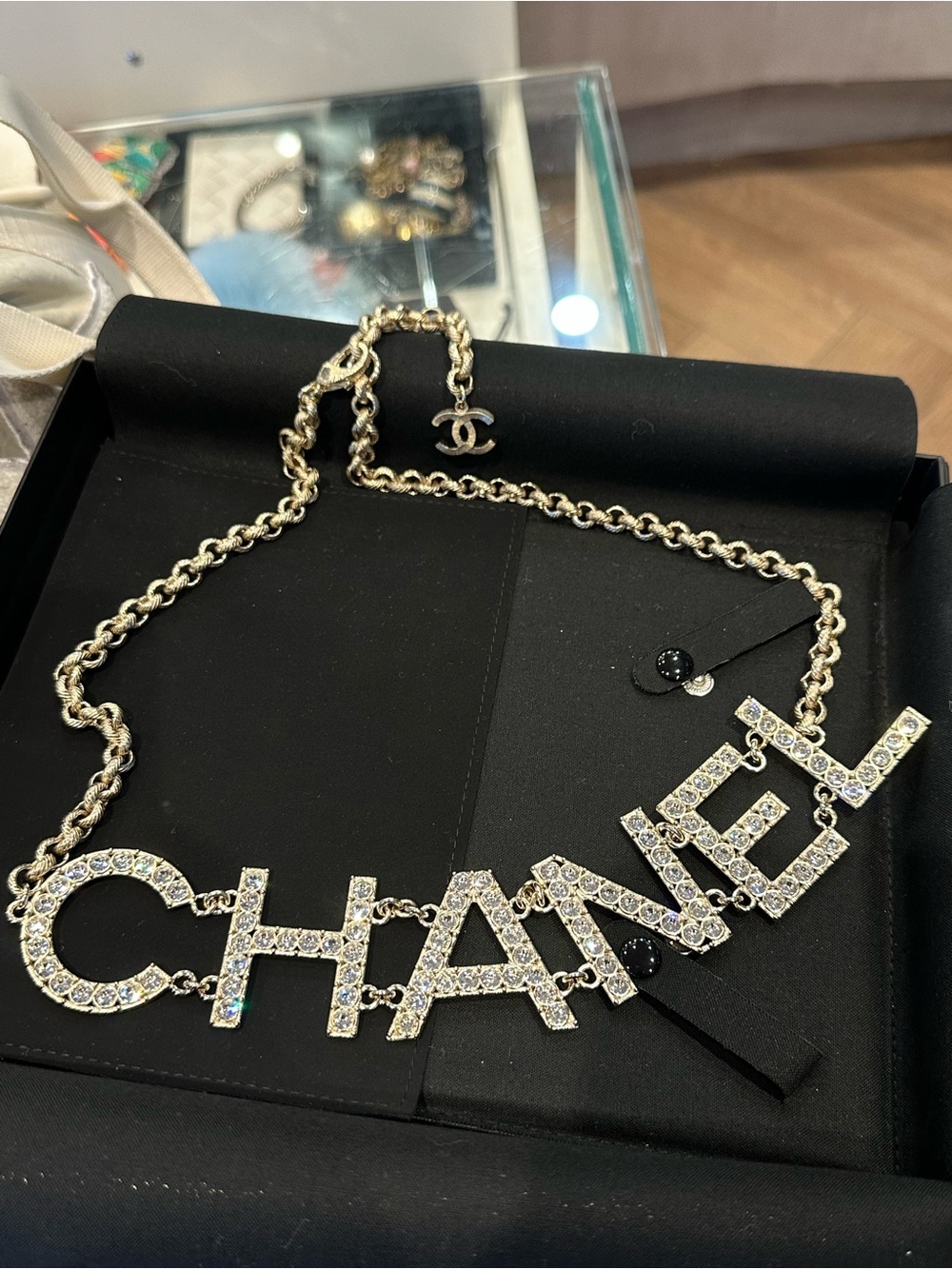 CHANEL Coco CC Crystal City of Lights Letter Chain Necklace Gold